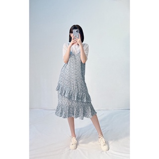 Đầm 2 dây midi hoa vạt xếp tầng