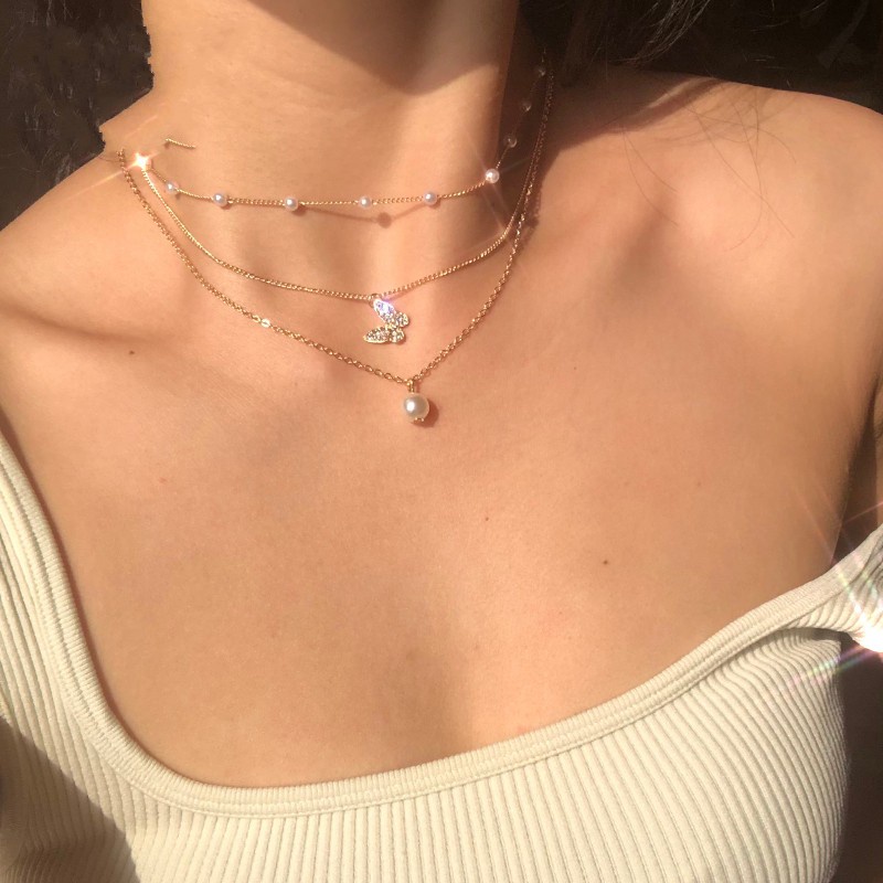 vòng cổ Nhiều Lớp Mặt Hình Bướm Đính Ngọc Trai Nhân Tạo Thời Trang Dành Cho Nữ