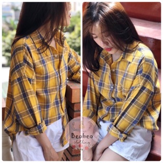 [Ảnh thật] Áo sơ mi nữ oversize kẻ sọc caro vàng ulzzang