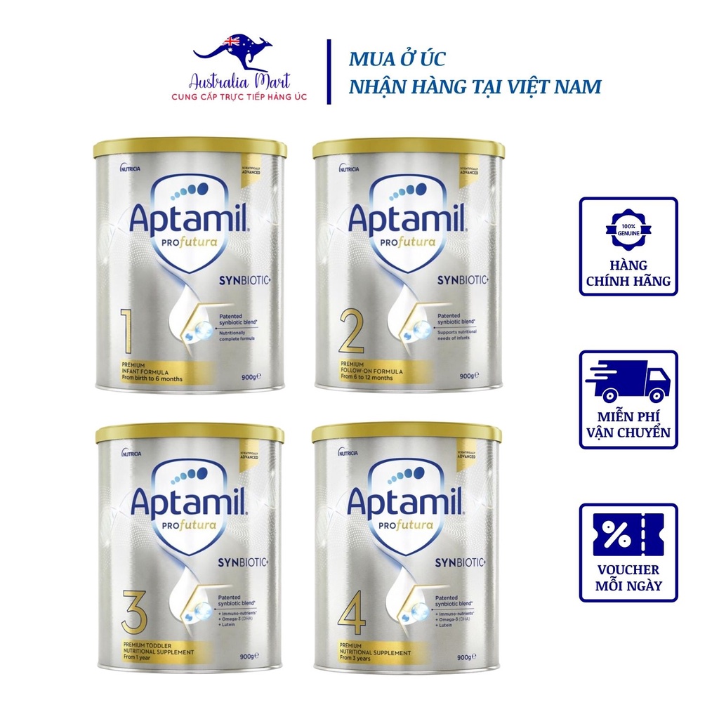 Sữa Bột Aptamil Profutura Úc Số 1-2-3-4 Bổ Sung Vitamin Và Phát Triển Toàn Diện Cho Bé 900g Mẫu Mới, Date 2023