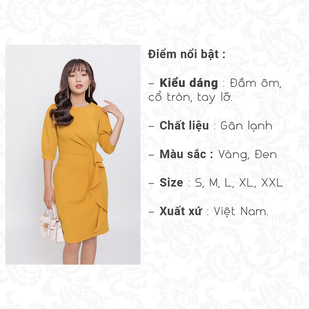 Đầm công sở nữ thiết kế thời trang Eden dạng váy ôm body tay lỡ phối bèo ở eo cổ tròn duyên dáng sang trọng - D400