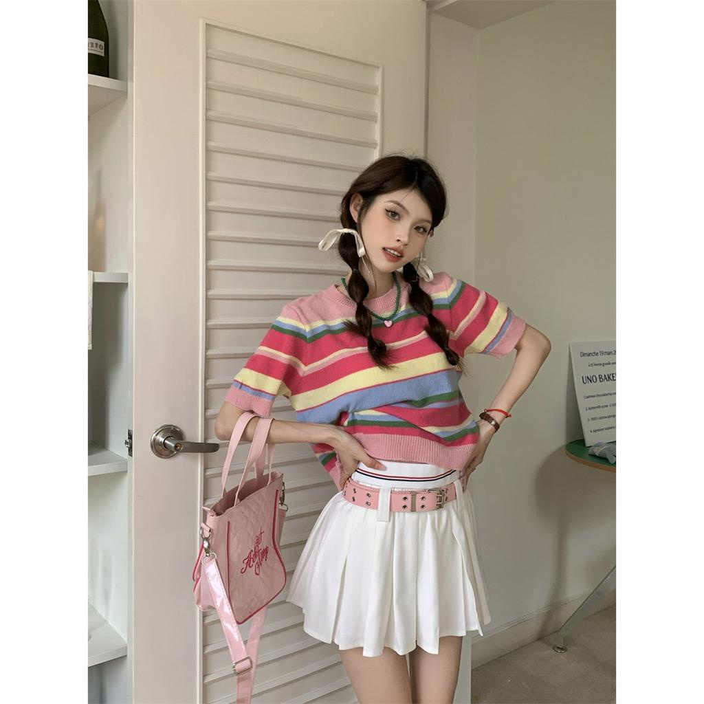 ZHELIHANGFEI Áo Sweater Tay Ngắn Dáng Rộng Họa Tiết Kẻ Sọc Nhiều Màu Sắc Mỏng Nhẹ Thời Trang Xinh Xắn Cho Nữ