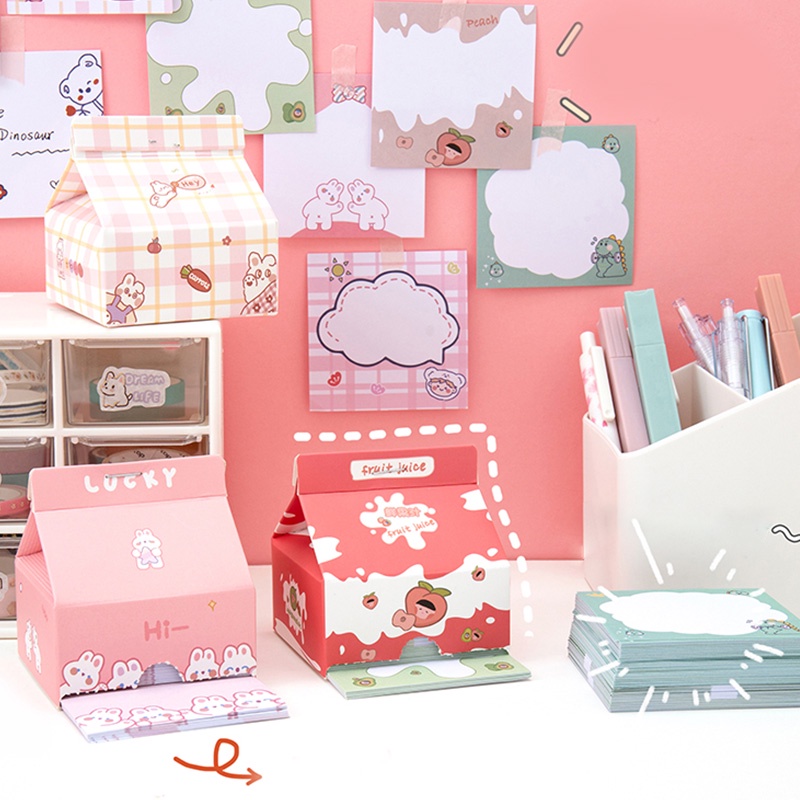 Bộ 200 Tờ Giấy Ghi Chú Chống Dính Hình Hộp Sữa Hoạt Hình Sáng Tạo