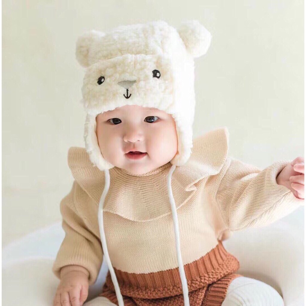 Mũ len lông cừu cho bé Happy Bear - Mũ lông cừu hình gấu cho bé