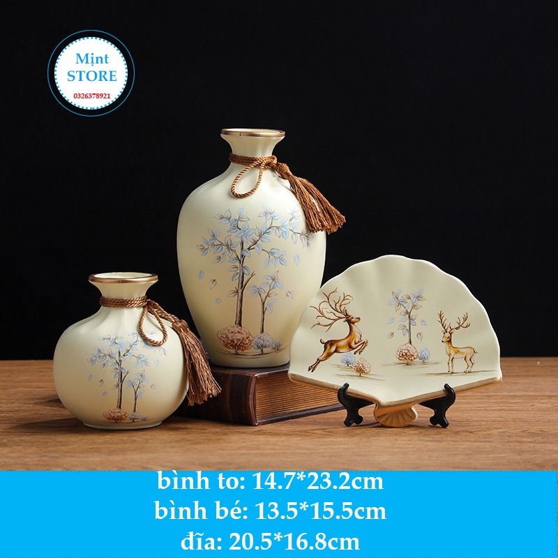 Bình hoa gốm - lọ hoa 3 món, bình công phong thuỷ MỊNT hút lộc trang trí nhà - kệ ti vi