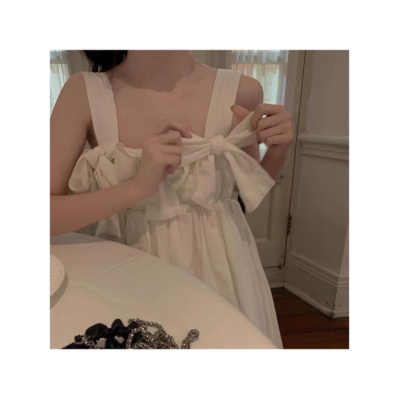 Váy bbdoll trắng thiết kế hai dây nơ xinh xắn⚡️Ảnh thật
