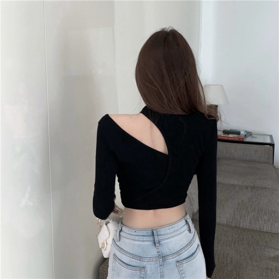 Áo croptop nữ body tay dài KIỂU hở vai cổ vo tròn phối lạ mắt, độc đáo
