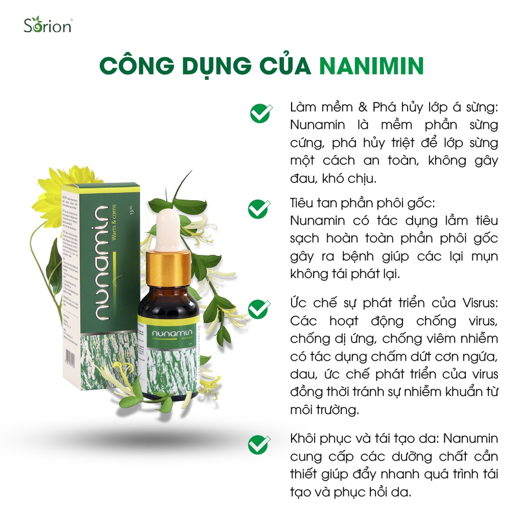 Nunamin Serum 15ML - Cho da Mụn cóc, Mụn cơm, Mắt cá chân, Chai chân, Mụn thịt, Mụn ruồi chiết suất từ thảo mộc Việt