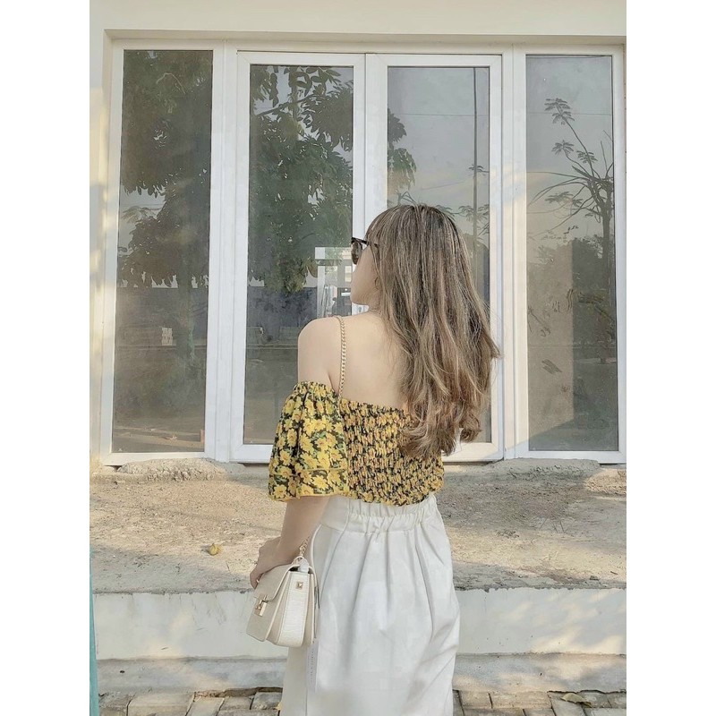 set quần suông trắng áo crotop hoa