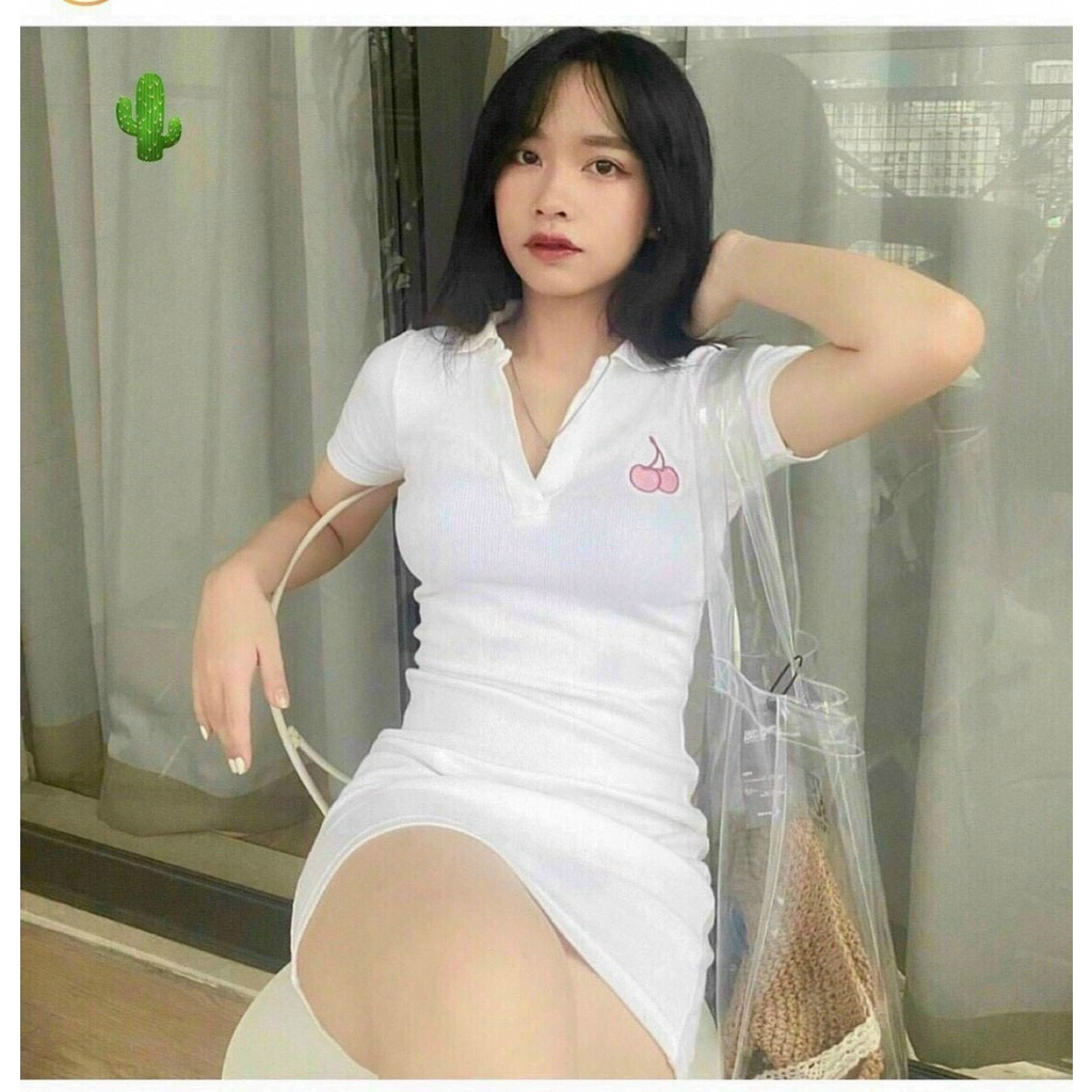 Đầm cổ bẻ ôm body thêu trái cherry bên ngực cực xinh , chất thun bozip mềm mịn pc