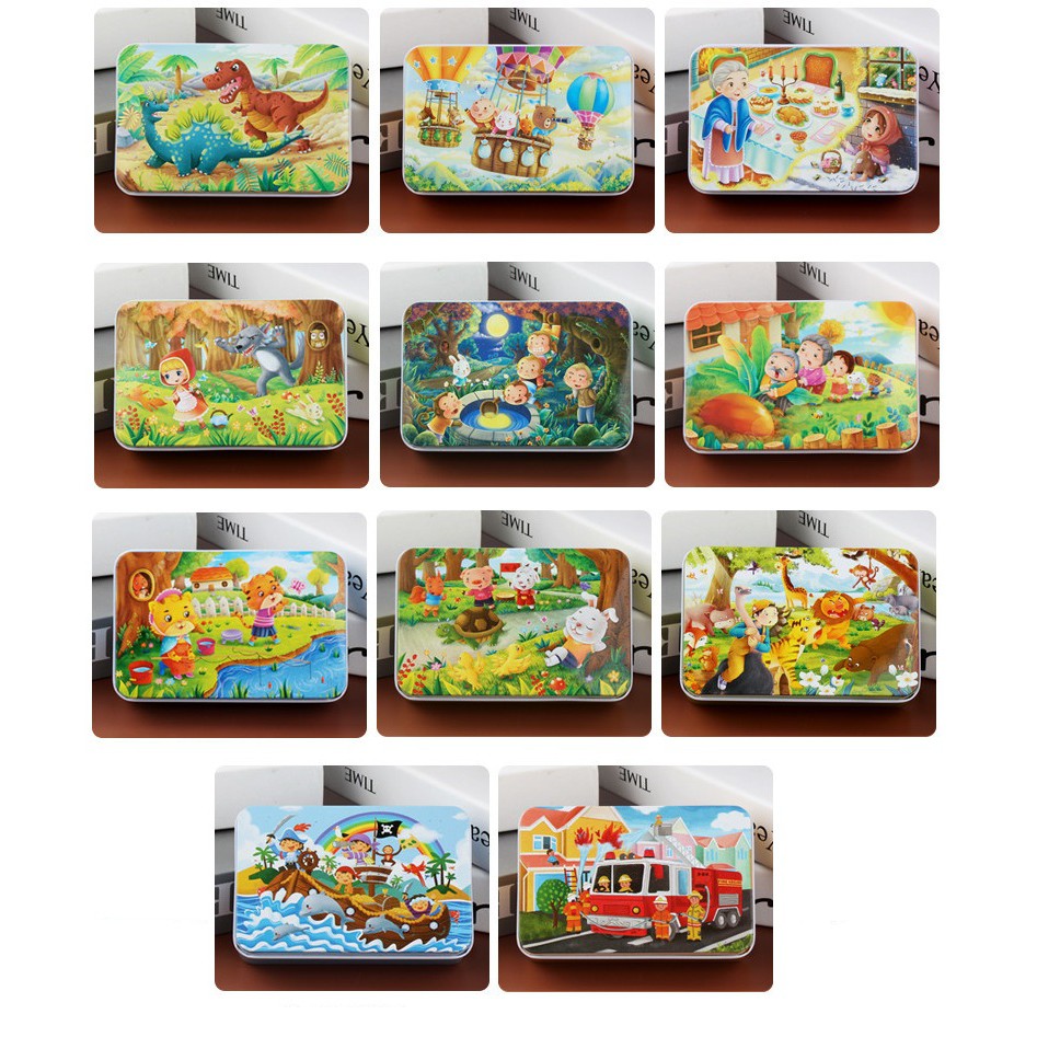 Bộ tranh ghép hình cho bé puzzle 60 mảnh gỗ hộp thiếc/ Đồ chơi xếp hình gỗ/ Xếp hình cho bé