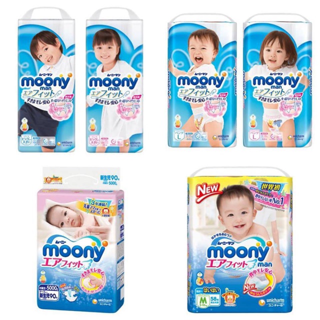 (MOONY NỘI ĐỊA) BỈM/TÃ DÁN/QUẦN MOONY NB90/S82/M64/L54/Mq58/Lq44/XL38, XXL26 BOY/GIRL