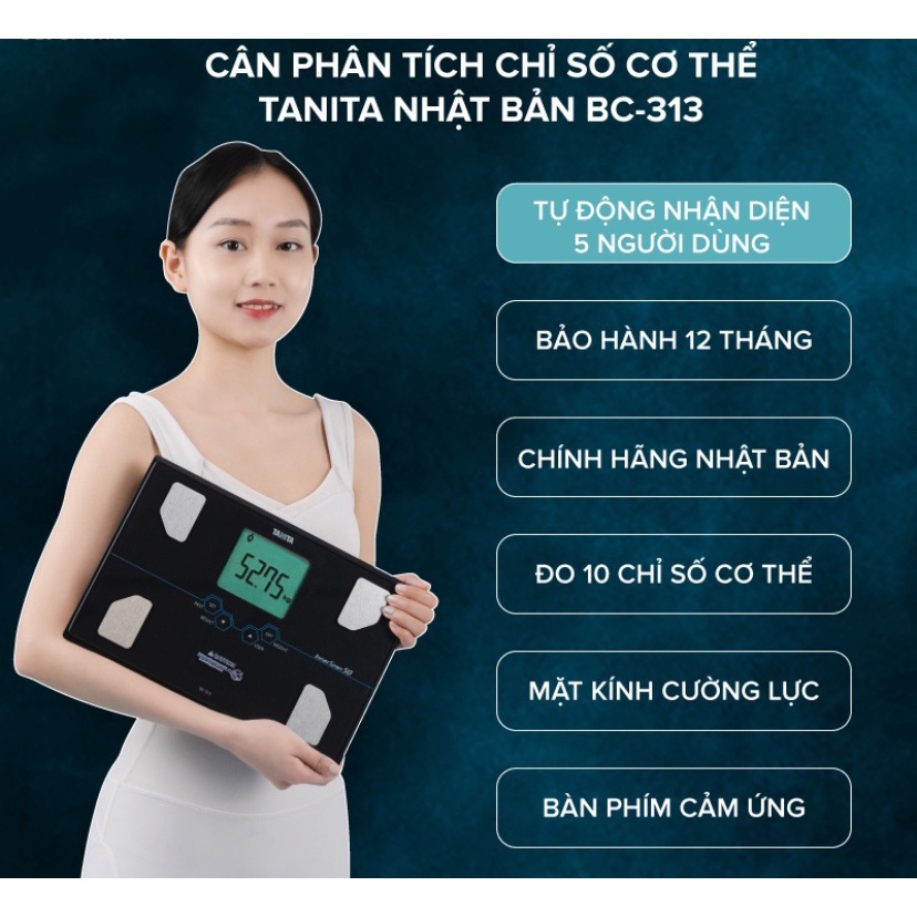 Cân phân tích 10 chỉ số cơ thể Tanita BC313 tự động nhận diện người dùng, chính hãng Nhật Bản, BH 12th