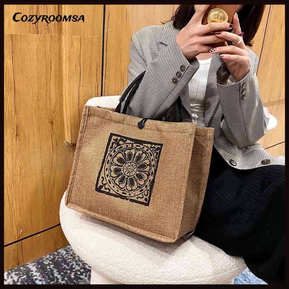 Túi Xách Tay Cỡ Lớn In Họa Tiết Mandala Phong Cách Vintage - Túi Cói Du Lịch Phông Cách Hàn Quốc