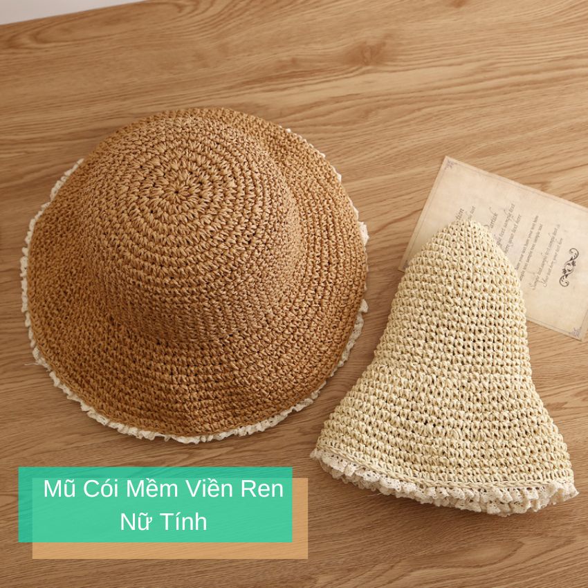 Mũ cói nón cói kiểu dáng Bucket viền ren chống nắng đi biển Trendy mẫu 2022