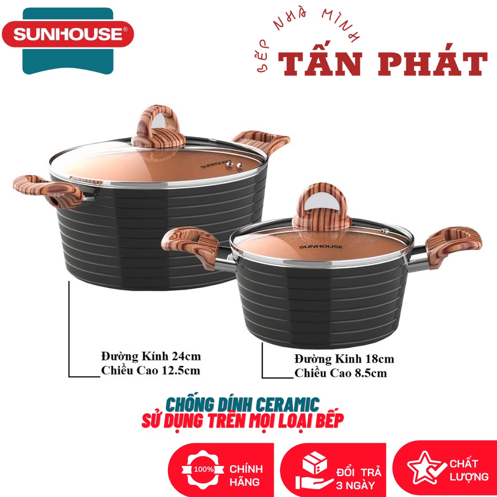 Bộ 2 Nồi Ceramic Đáy Từ SUNHOUSE (Dùng Trên Mọi Loại Bếp)