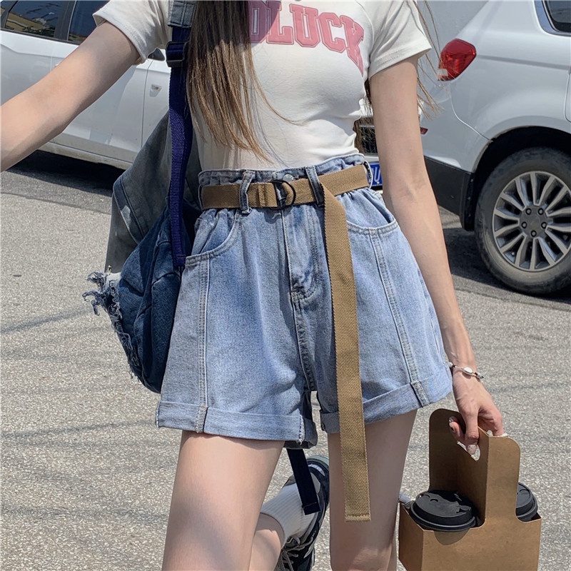 Quần Short Denim Lưng Cao Ống Rộng Phối Thắt Lưng Cá Tính Thời Trang Dành Cho Mùa Hè