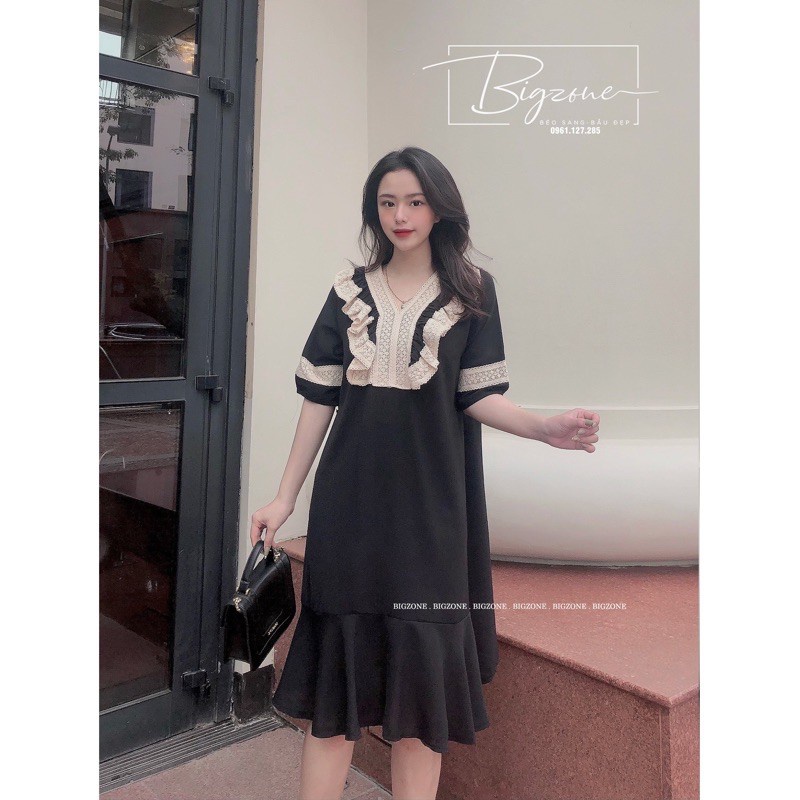 Váy đầm bầu bigsize thiết kế cổ ren tay lỡ đẹp đi dự tiệc cho mẹ bầu từ 55kg đến 75kg NLi