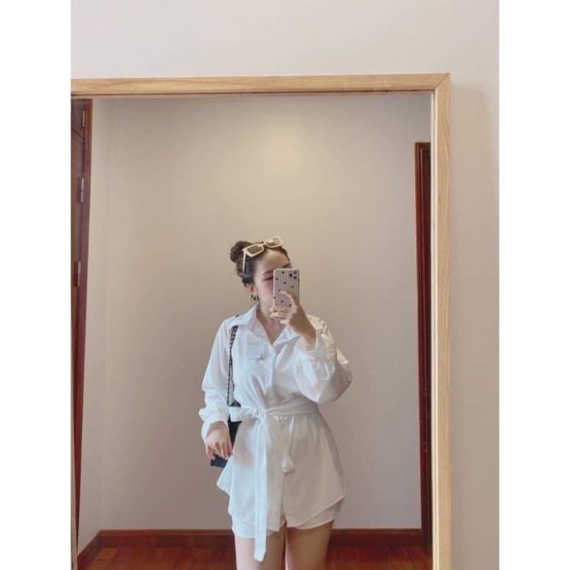 Sét áo sơ mi quần đùi lụa kèm đai buộc HSU1