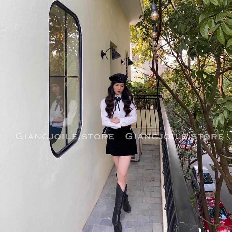 Giangjoile Somi cổ nơ + chân váy nhung chữ A