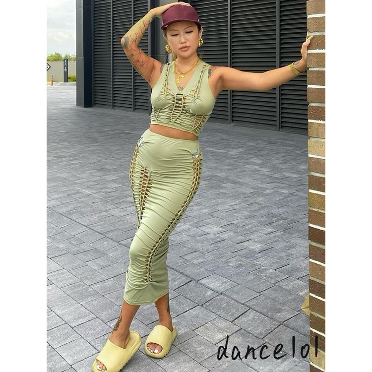 Set Áo Sát Nách Cổ Tròn Màu Trơn + Chân Váy Ôm Dáng Thời Trang Cho Nữ Khiêu Vũ1O1