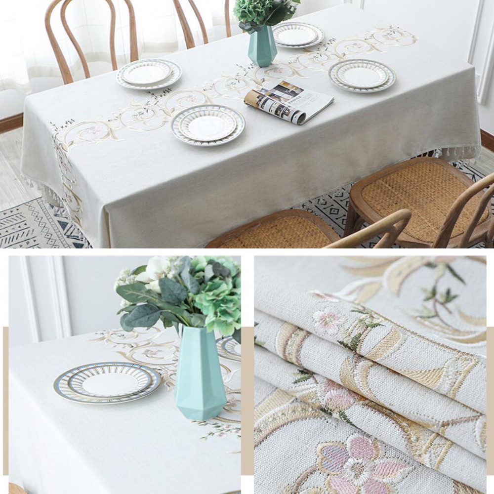 Khăn Trải Bàn Hình Chữ Nhật Chất Liệu Cotton Lanh Thêu Họa Tiết Đơn Giản