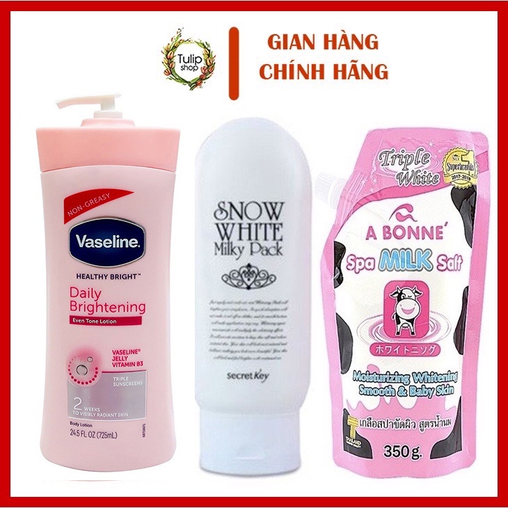 COMBO Dưỡng Thể VASELINE+Kem tắm trắng SNOW WHITE SECRET KEY+Muối Tẩy Tế Bào Chết A BONNE