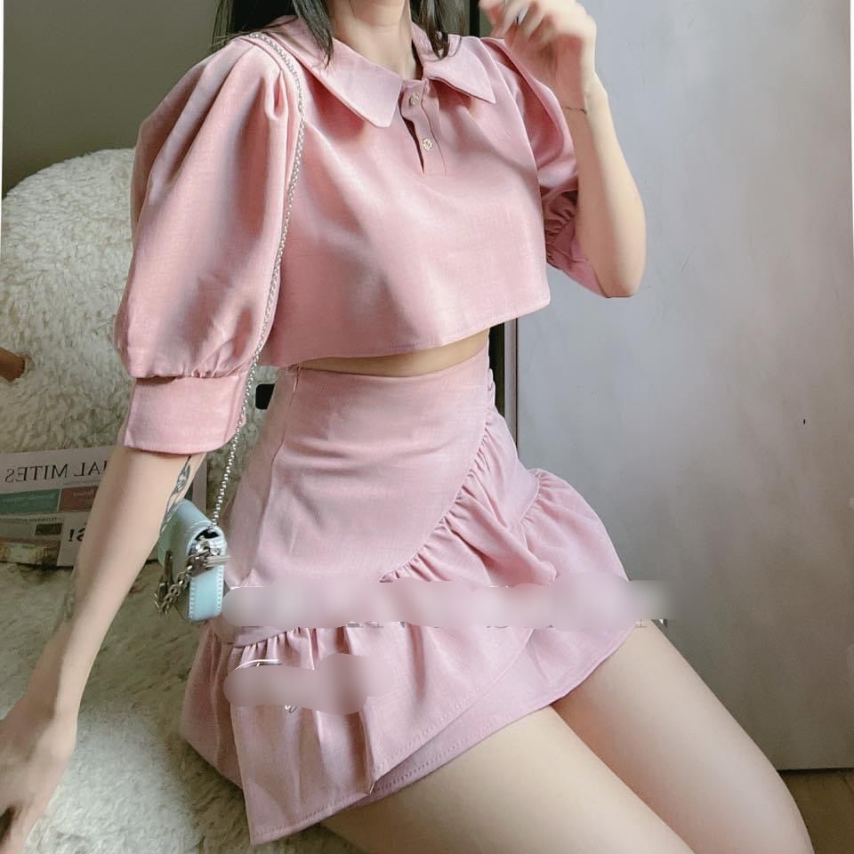 Set sơ mi hồng croptop cổ sen chân váy bèo xòe xinh xắn NN810