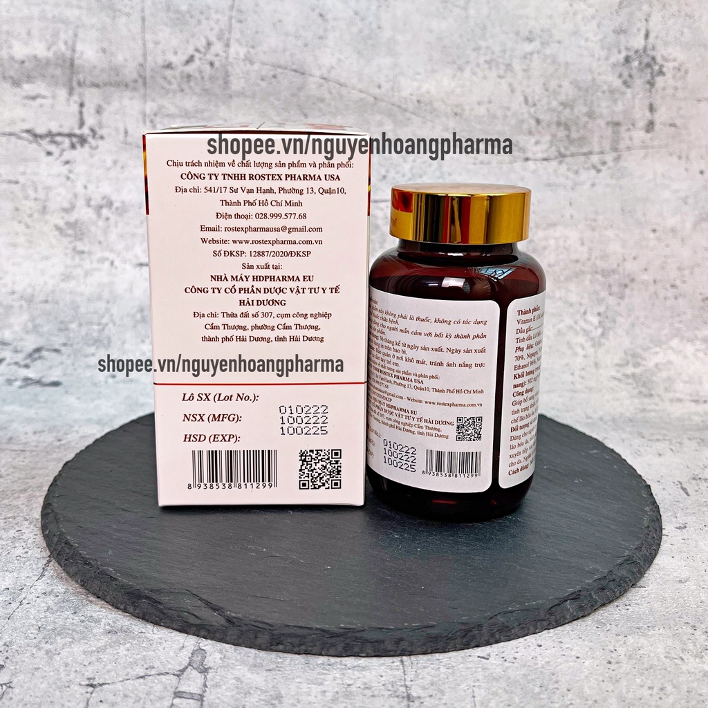 Viên uống đẹp da Vitamin e đỏ, E 400 bổ sung dầu gấc,tinh dầu lô hội, làm sáng da, trắng da - Chai 30 viên