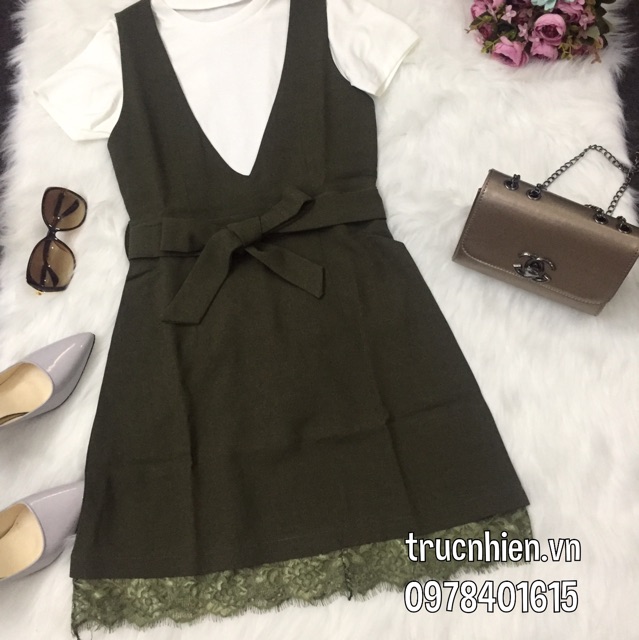 Sét đầm chữ A kèm áo trong tà phối ren
