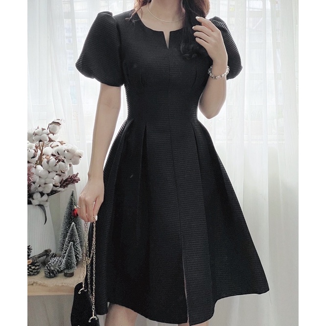 Đầm xốp dáng xoè tay phồng Nâu/Đen/Hồng/Trắng/Xanh