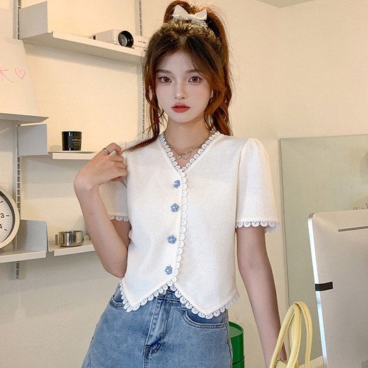 Áo thun dệt kim ZHELIHANGFEI ngắn tay phối ren phong cách thời trang cho nữ