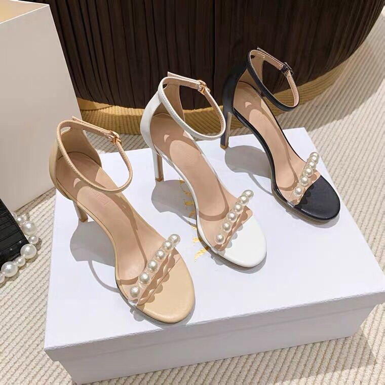 Giày sandal cao gót nữ chất liệu da mờ kiểu dáng quai ngang dây ngọc TT161