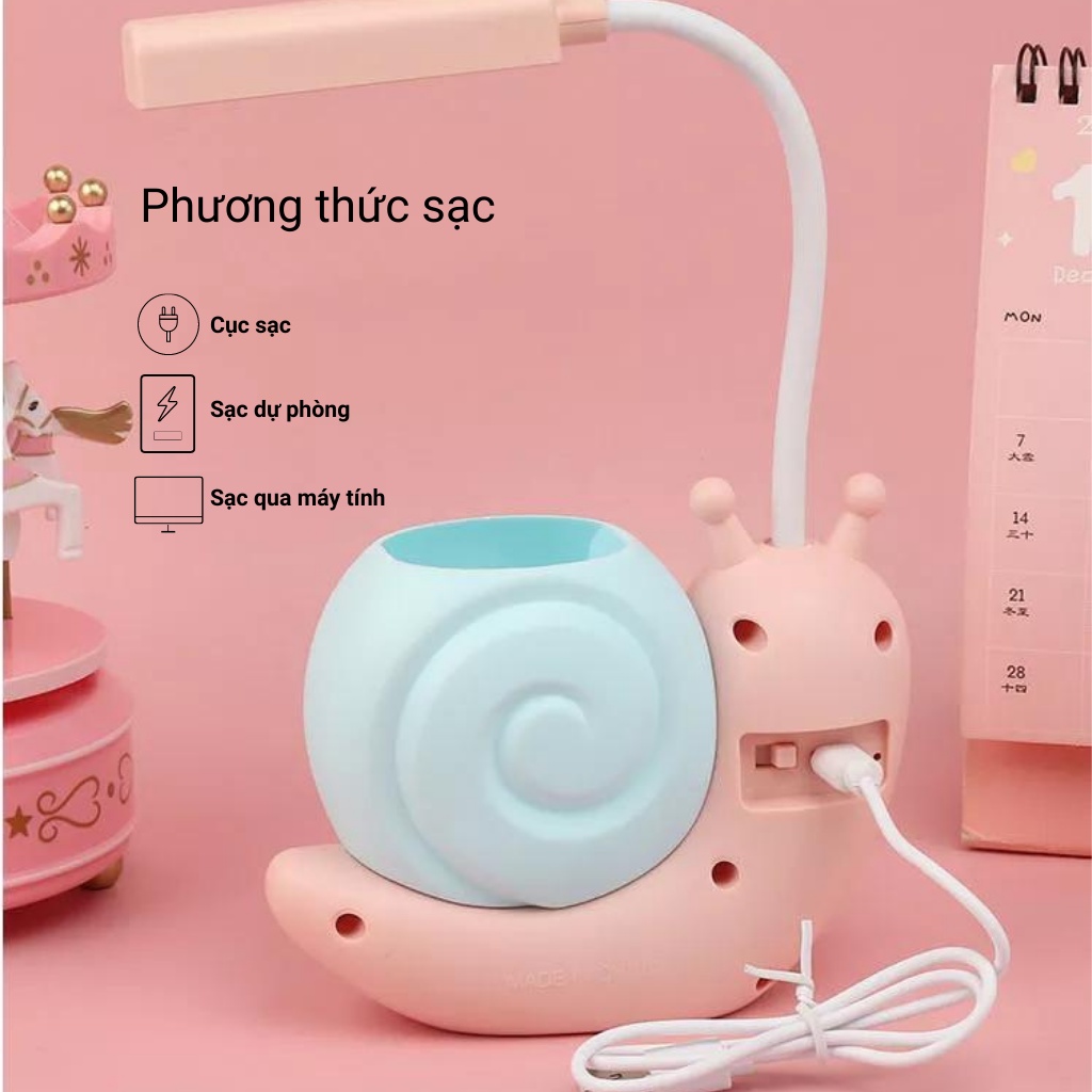 Đèn led mini để bàn học, bàn làm việc, chống cận,hình ốc sên ,thân đèn điều chỉnh 360 độ, có ống để bút tiện lợi