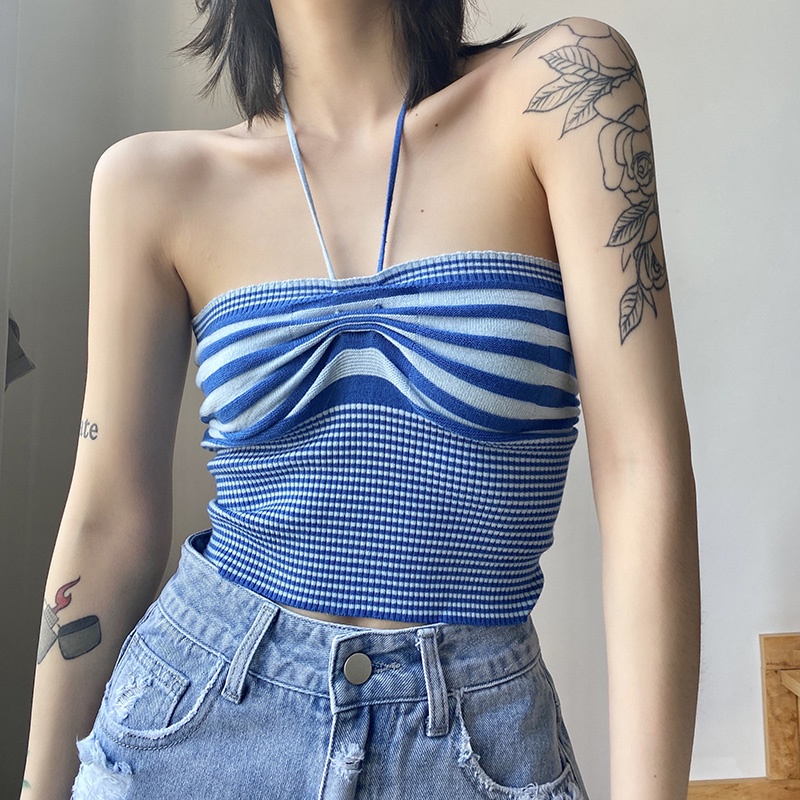 Kliou 2022 Mới vào mùa hè Áo kiểu KLIOU dáng ngắn hai dây hở lưng họa tiết kẻ sọc thời trang mùa hè dành cho nữ