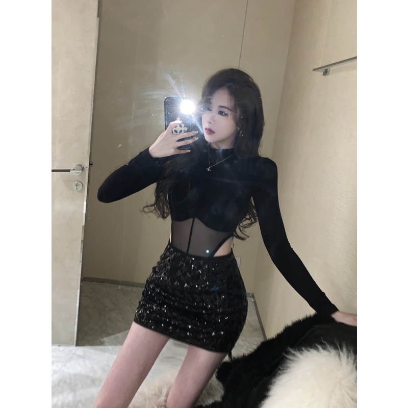 Áo Dệt Kim Tay Dài/Chân Váy Lưng Cao Đính Kim Sa Quyến Rũ Thời Trang Cho Nữ