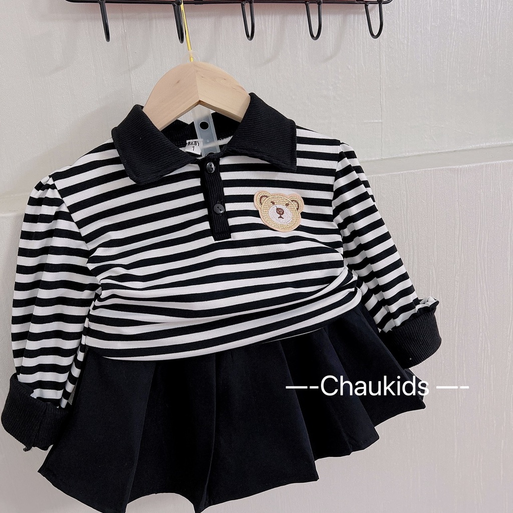 Set Áo Polo Kèm Váy Bé Gái Thu Đông Siêu Xinh, Set Áo Thêu Gấu Chất Thun Kèm Chân Váy Xếp Ly -CKTD28