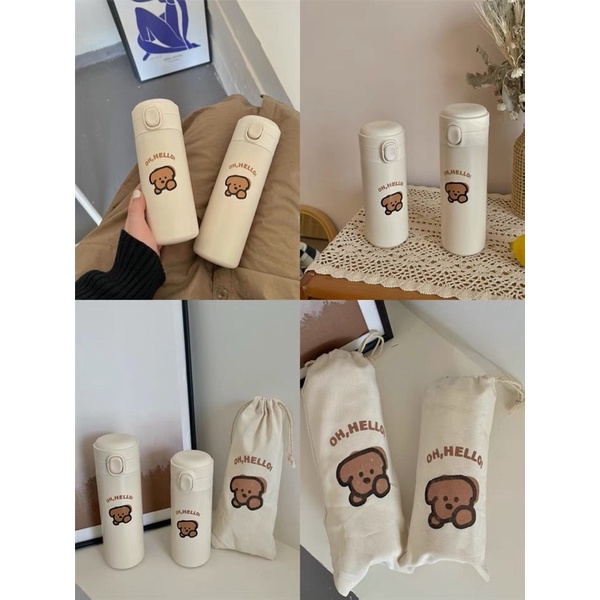 Bình giữ nhiệt có hình Cún, Oh!Hello + kèm túi vải đựng bên ngoài đáng yêu dễ thương