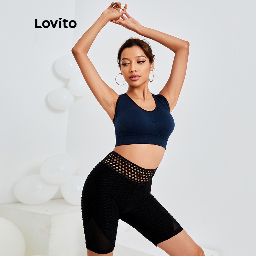 Áo ngực thể thao Lovito màu trơn ôm dáng độ co giãn cao thiết kế hở lưng chéo dây L13X091 (Màu xanh biển)