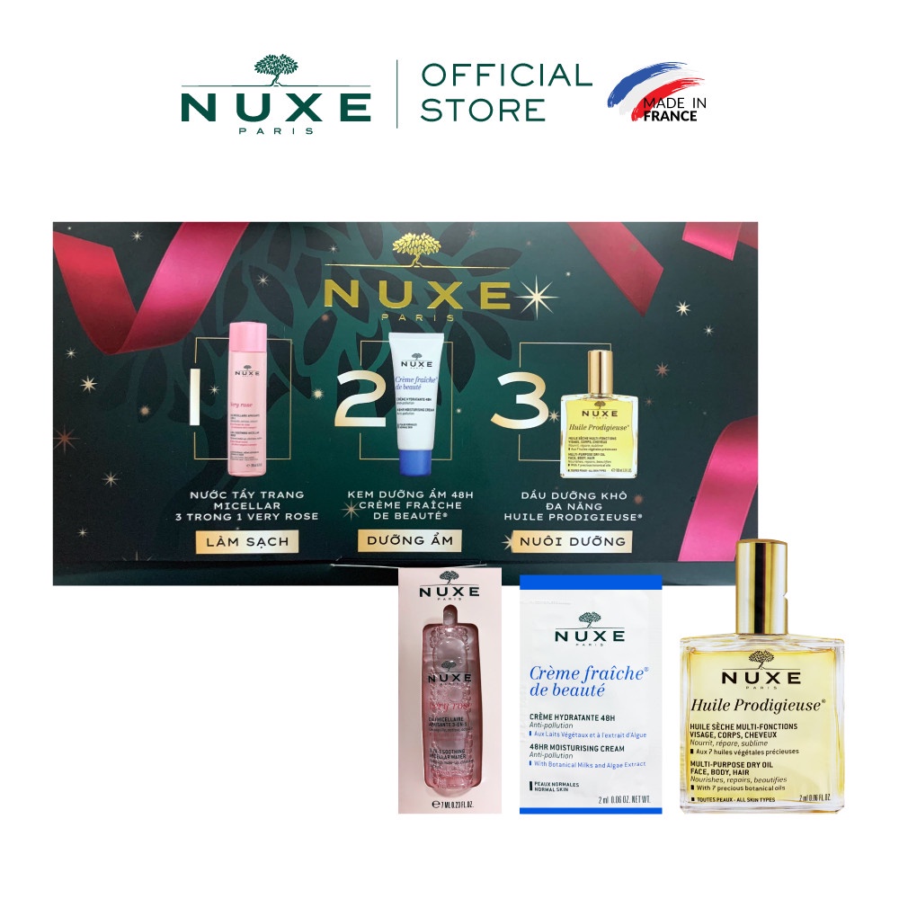 Bộ trial kit 3 sản phẩm trải nghiệm Nuxe (Micellar Water 7ML + Moisturising Cream 2ML + Multi-purpose Dry Oil 2ML)