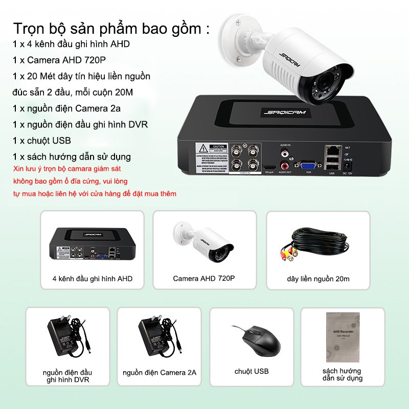 Bộ Camera giám sát Saqicam KIT AHD Full HD 720P Trọn bộ 4 mắt 1MP 20 MÉT dây liền nguồn chống nước xem đêm