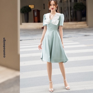 Váy xòe cosmo design xanh pha cổ nơ organza kem
