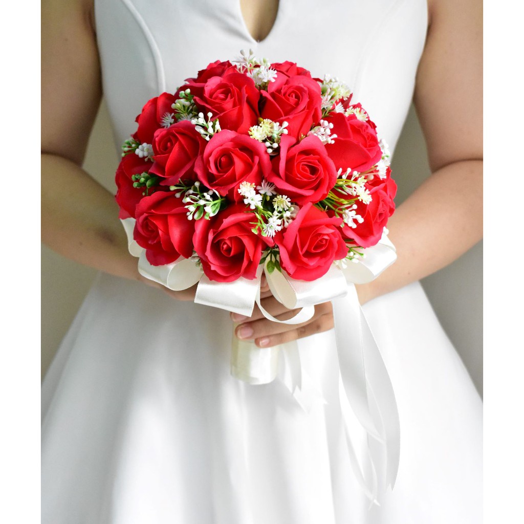 ❀№BÓ HOA CƯỚI CẦM TAY CÔ DÂU BẰNG HỒNG SÁP THƠM MÀU ĐỎ, TẶNG KÈM CÀI ÁO CHÚ RỂ
