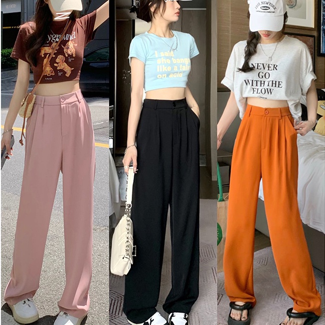 SUXI Quần ống rộng Lưng Cao Co Giãn Màu Sắc Đơn Giản Thời Trang Mùa Hè Cho Nữ