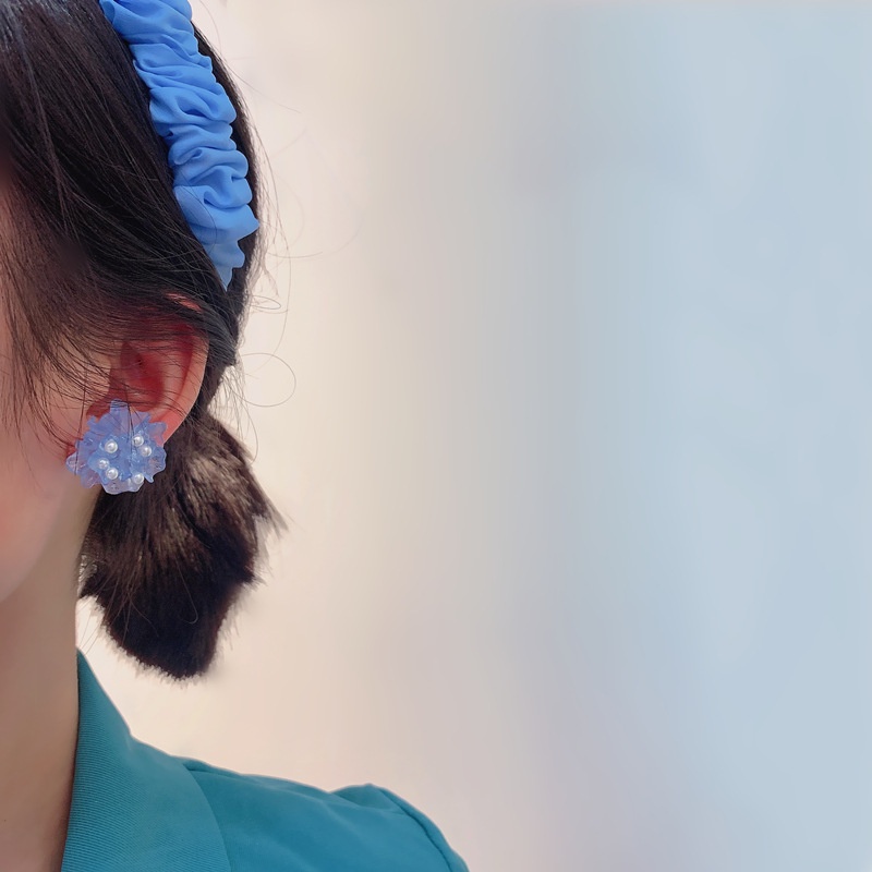 Bông Tai Mạ Bạc 925 Hình Hoa Trà Đính Ngọc Trai Xanh Dương Trong Suốt Phong Cách Mới