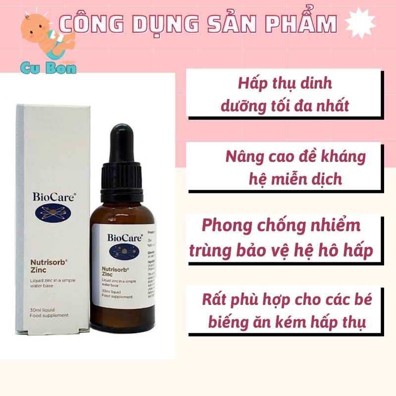 Kẽm cho bé BioCare Nutrisorb ZinC Anh 30ml dạng giọt bổ sung dinh dưỡng tăng đề kháng cho trẻ sơ sinh từ 1 tháng tuổi