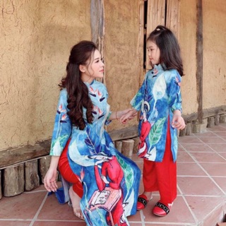 Sét áo dài gấm MẸ VÀ BÉ + quần và ảnh thật
