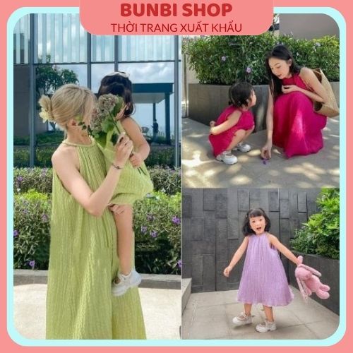 Váy đầm yếm maxi đôi cho mẹ và bé đi biển cổ đan hàng thiết kế chuẩn loại 1