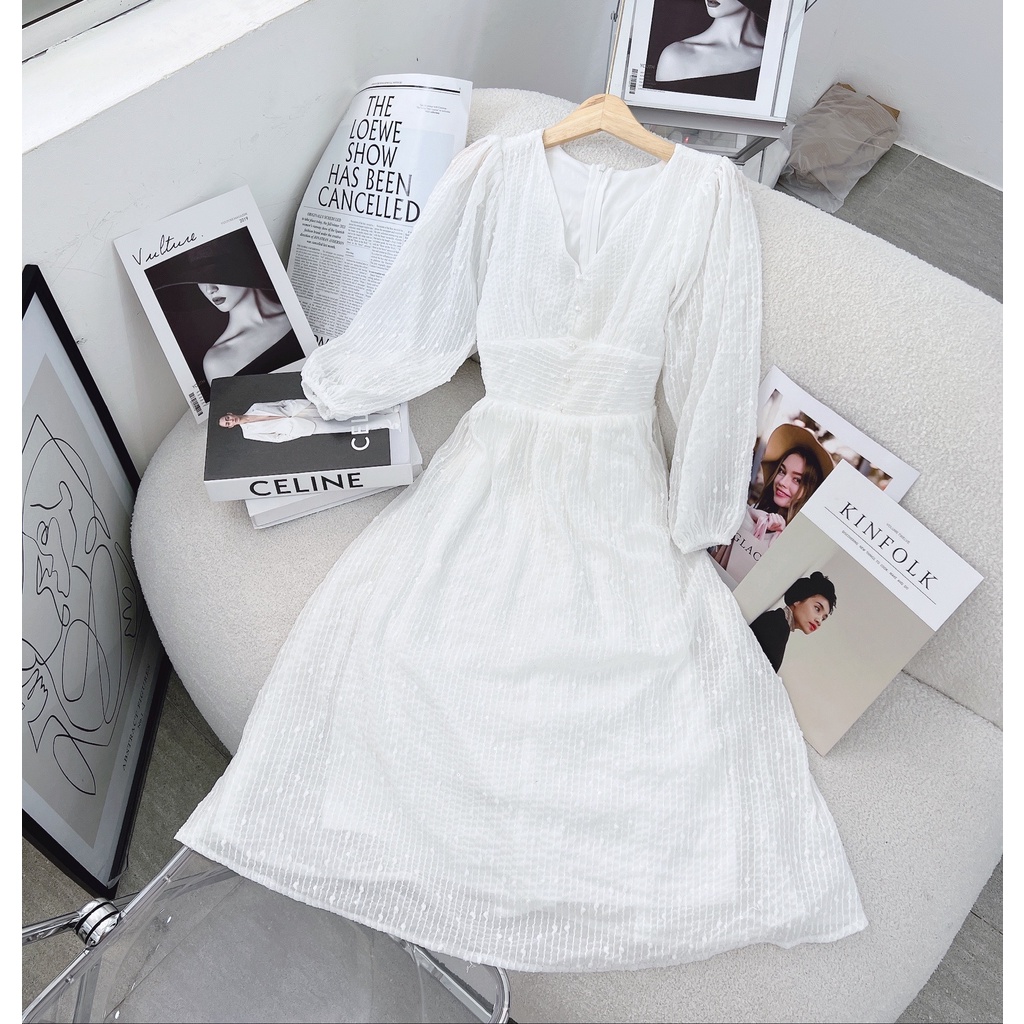 Đầm nữ màu Trắng dự tiệc dạo phố vải kim sa cao cấp AMY DRESS