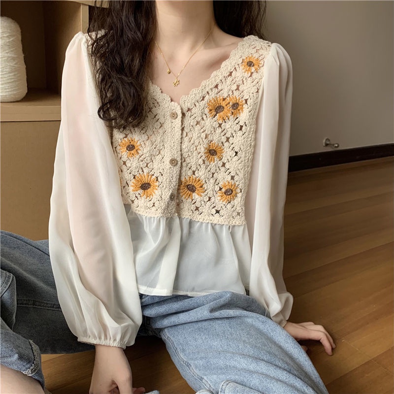 Áo sơ mi voan cổ chữ V thêu họa tiết hoa cúc phong cách retro thời trang mới cho nữ